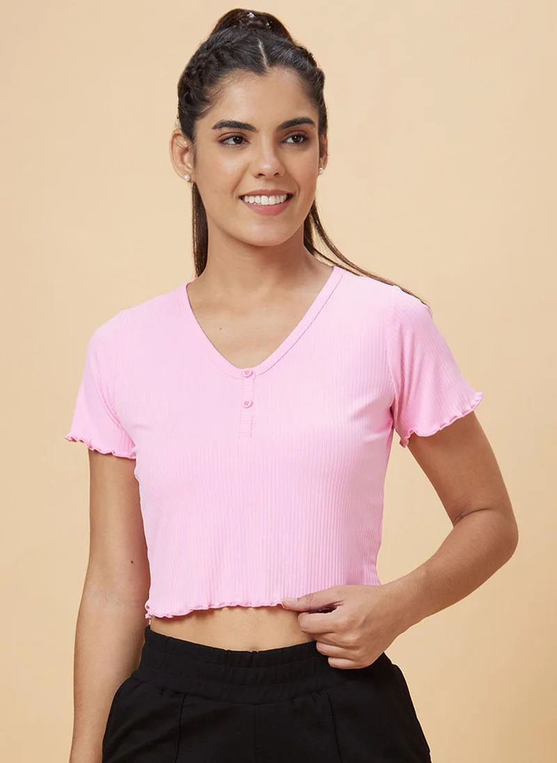 globus Globus Women Pink V-Neck Ribbed Crop Top