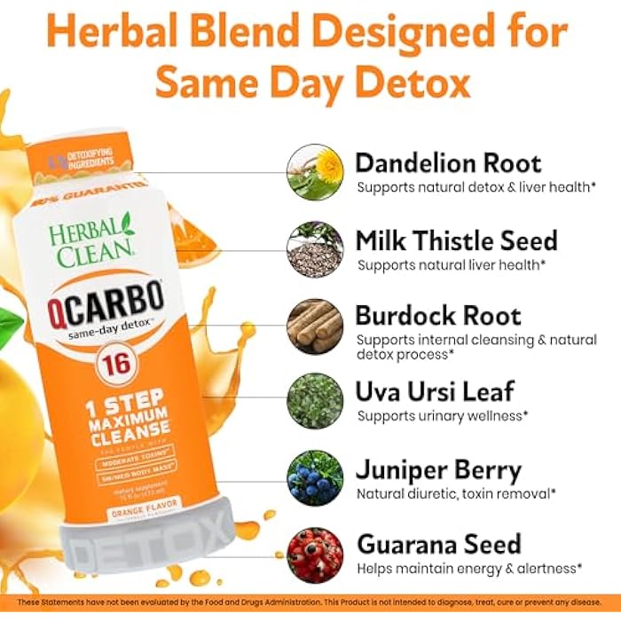 Herbal Clean Qcarbo16 Same-Day Detox Cleanse Drink (16 fl oz) - Orange Flavor Full Body Cleanse* Detox Drink for Moderate Toxin Level*, Vitamin B2 and Vitamin B12 for Men & Women - Image 4