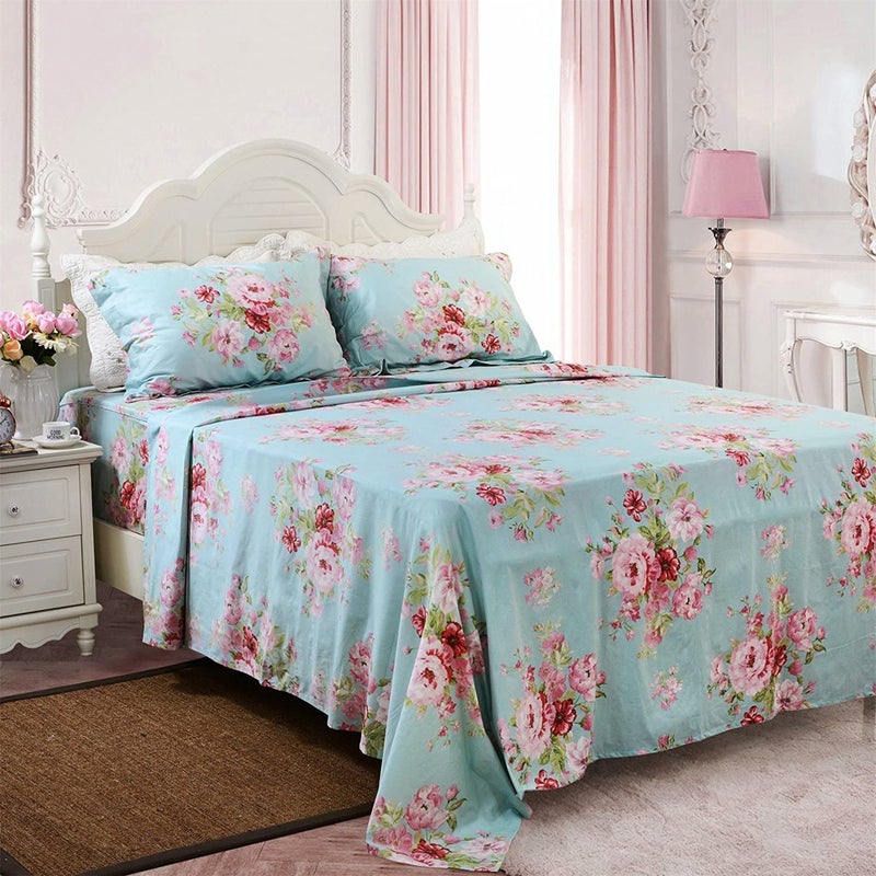 FADFAY Shabby Pink Floral Bed Sheet Set 100 Cotton Deep Pocket 4Piece Twin Size