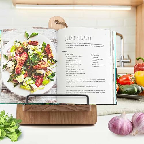 YANGSHUO Cookbook Stand Recipe Book Holder: Cookbook Stand for Kitchen Counter, Adjustable iPad Tablet Recipe Book Holder, Rustic Wood Cutting Board Style, Gift for Women - Image 2
