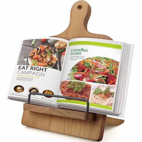 YANGSHUO Cookbook Stand Recipe Book Holder: Cookbook Stand for Kitchen Counter, Adjustable iPad Tablet Recipe Book Holder, Rustic Wood Cutting Board Style, Gift for Women - Image 1