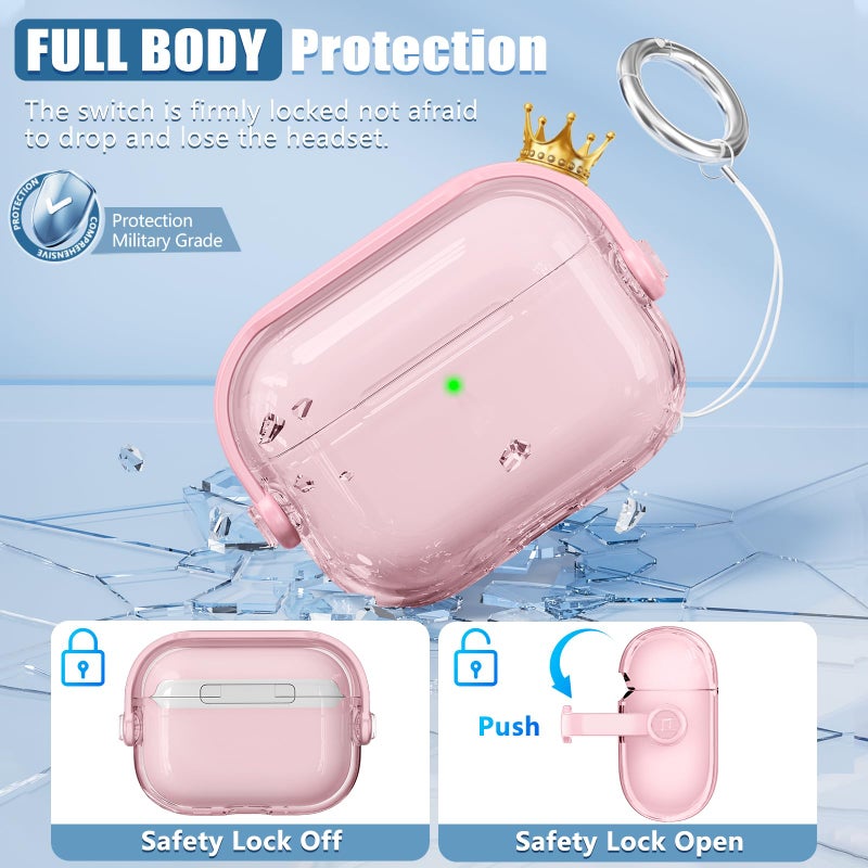 Wowwat for Airpods Pro 3 Case,Safety Lock Cases for Apple Airpod Pro 3 (2025) with Phone Stand & Cleaner Kit,Drop Protection Air pods Pro3 Case Cover for Men Women with Keychain,Clear Pink - Image 4
