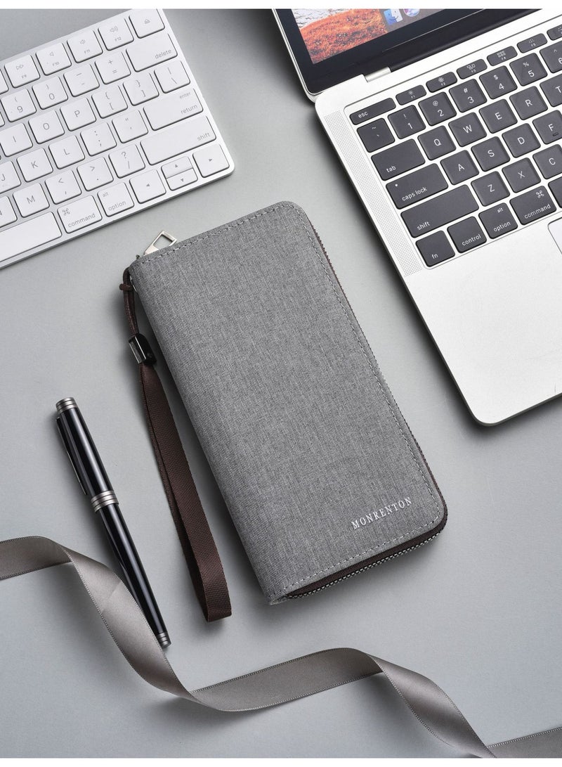 Gray Fabric Long Wallet, Zipper Wristlet Multi-Card Holder with Phone Compartment for  Men