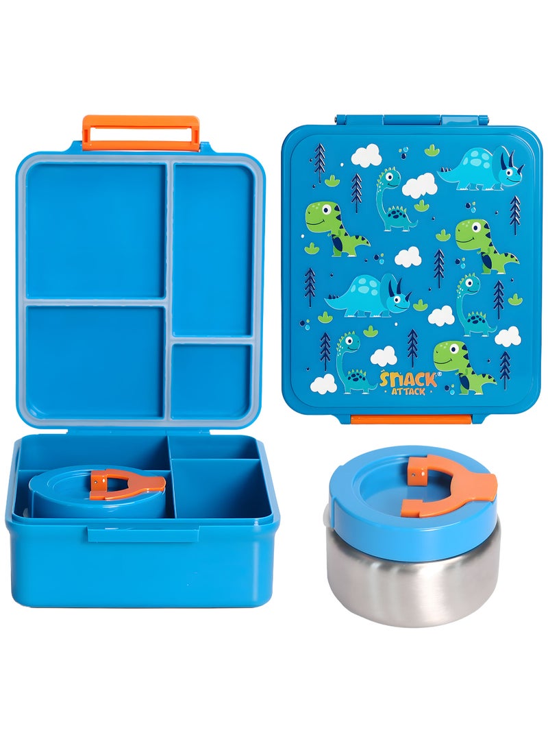 Snack Attack Blue Dino Kids Bento Lunch Box with Thermos Jar – 4-Compartment Stainless Steel Leakproof Lunchbox with Silicone Seal – Cute Mermaid Artwork – Keeps Food Hot up to 5 Hrs – BPA-Free - Image 1