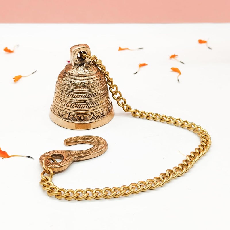 DOKCHAN Brass Decorative Hanging Bells for Home Decoration (Set of 1, Pure Brass, 2.9 X 2.9 X 2.5 Inch, 421 Gram) | Decorative Items Bell for Mandir Bell for Pooja Room (Chain Size 11.4 Inch) - Image 1