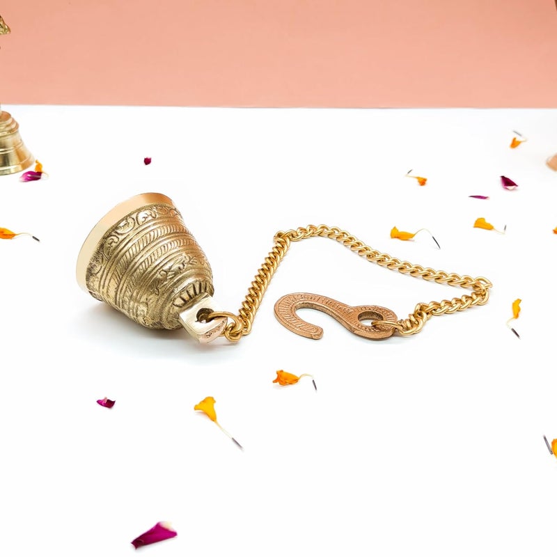 DOKCHAN Brass Decorative Hanging Bells for Home Decoration (Set of 1, Pure Brass, 2.9 X 2.9 X 2.5 Inch, 421 Gram) | Decorative Items Bell for Mandir Bell for Pooja Room (Chain Size 11.4 Inch) - Image 4