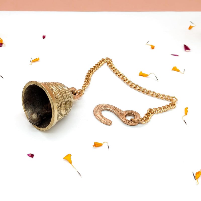 DOKCHAN Brass Decorative Hanging Bells for Home Decoration (Set of 1, Pure Brass, 2.9 X 2.9 X 2.5 Inch, 421 Gram) | Decorative Items Bell for Mandir Bell for Pooja Room (Chain Size 11.4 Inch) - Image 2