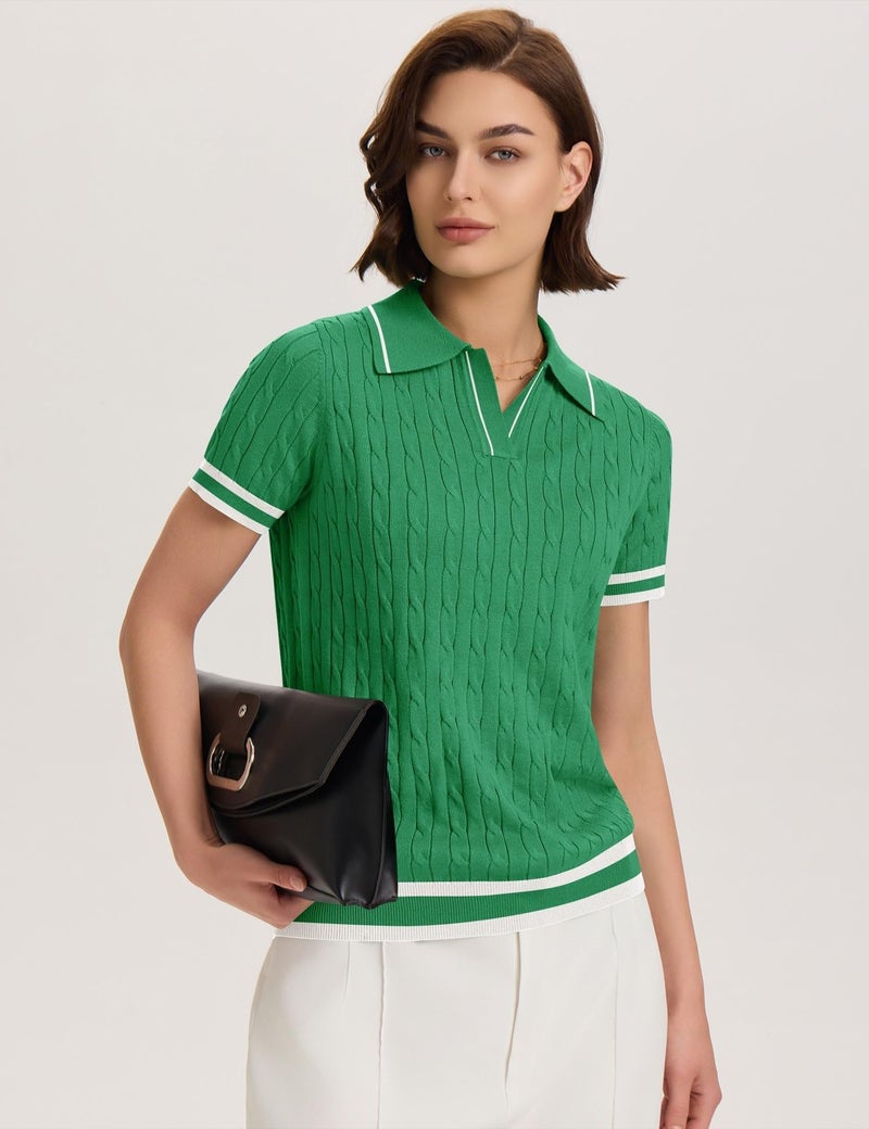 Micoson Women's V Neck Short Sleeve Sweater Tops Casual Lightweight Knitted Pullover Loose Fit Work Tee(Green White,L) - Image 2