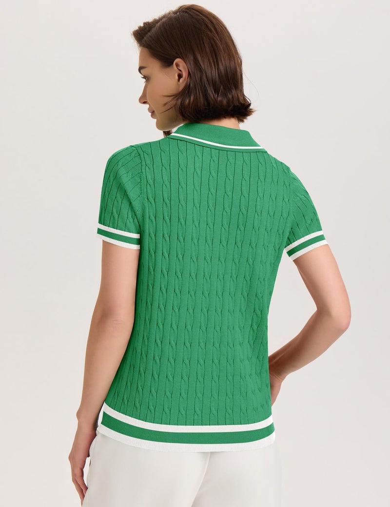 Micoson Women's V Neck Short Sleeve Sweater Tops Casual Lightweight Knitted Pullover Loose Fit Work Tee(Green White,L) - Image 3