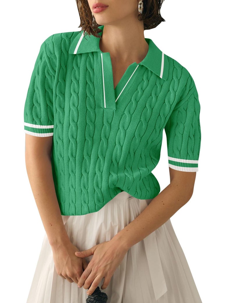 Micoson Women's V Neck Short Sleeve Sweater Tops Casual Lightweight Knitted Pullover Loose Fit Work Tee(Green White,L) - Image 1