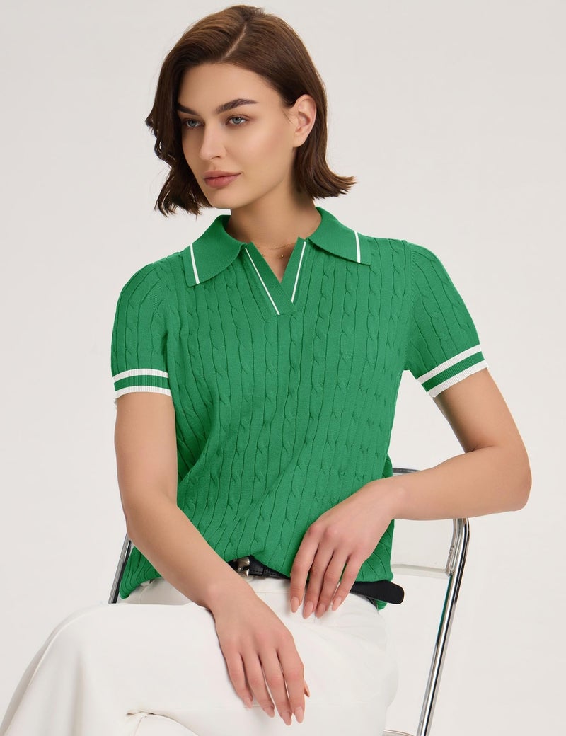 Micoson Women's V Neck Short Sleeve Sweater Tops Casual Lightweight Knitted Pullover Loose Fit Work Tee(Green White,L) - Image 5