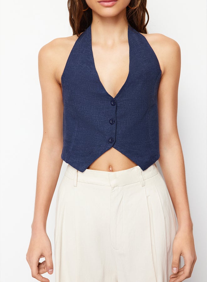 trendyol Indigo Halter Neck Gathered Back Cotton Linen Crop Woven Blouse  - Image 5