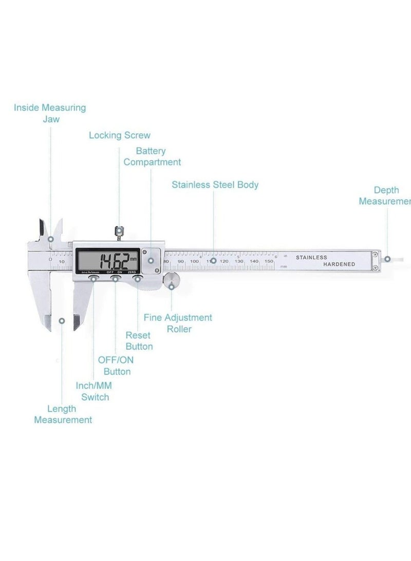 Digital Caliper IP54 Waterproof Stainless Steel Caliper Measuring Tool Vernier Caliper with Huge LCD Screen Auto Off Feature Inch and Millimeter Conversion 6 Inch 150 mm  - Image 3