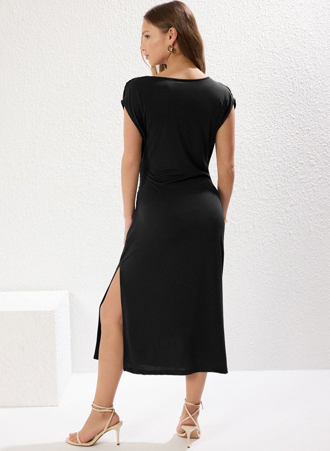 trendyol Black Plain Gather / Drape Midi Gather Drape Detail Double Breasted Knitted Dress  - Image 5
