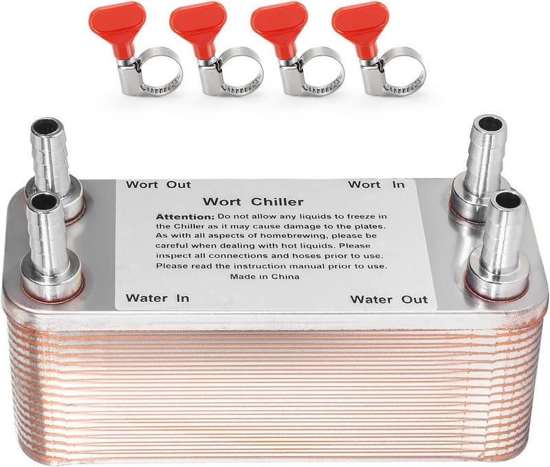 MRbrew Wort Chiller 30 Plates, 1/2 Barb Fitting Connection, Brazed Plate Copper Heat Exchanger for Homebrew, Stainless Steel 7.5" x 2.9" Plate, Hot Liquid Accelerated Cooler Quick Beer Cooling System - Image 1