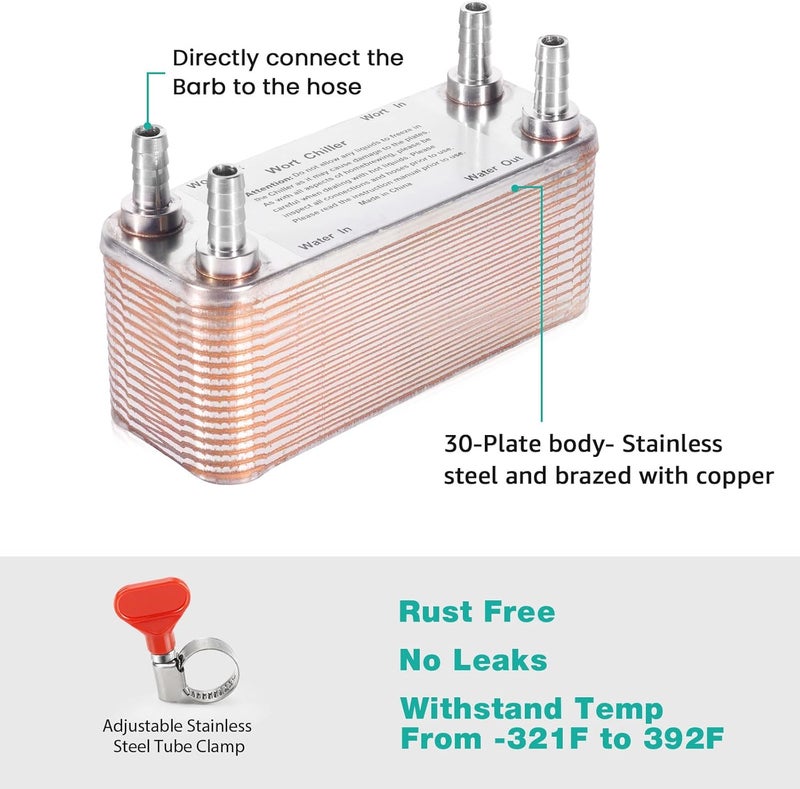 MRbrew Wort Chiller 30 Plates, 1/2 Barb Fitting Connection, Brazed Plate Copper Heat Exchanger for Homebrew, Stainless Steel 7.5" x 2.9" Plate, Hot Liquid Accelerated Cooler Quick Beer Cooling System - Image 2