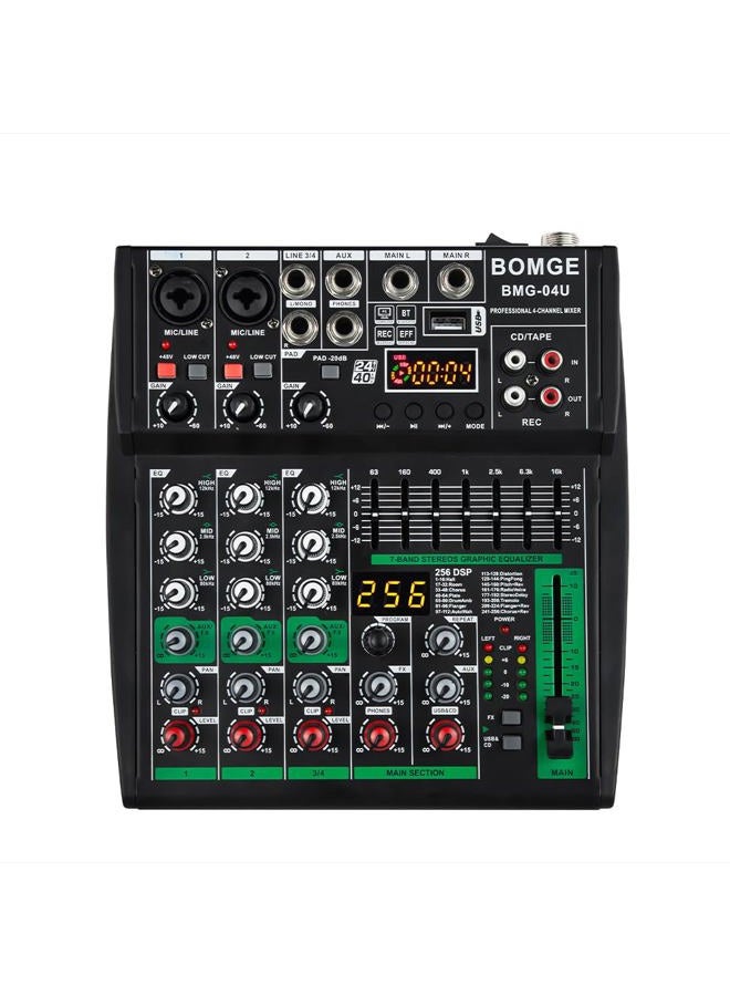 BOMGE Professional DJ audio mixer, 4-8channel DJ mixer, Bluetooth sound mixer, supports USB/MP3/BT computer input,256DSP,48V phantom power suitable for DJ studio streaming recording (4-channels-04U) - Image 1