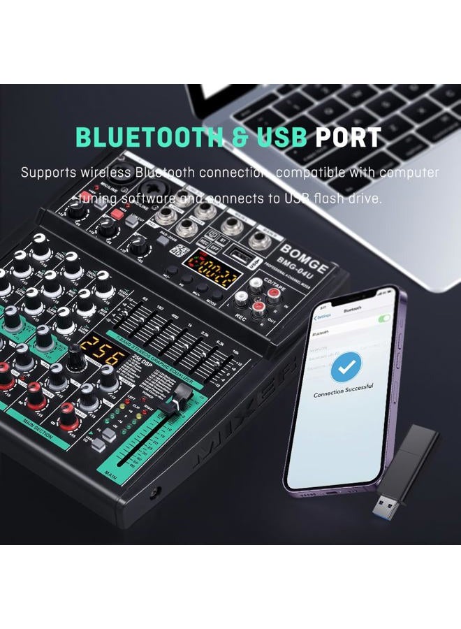 BOMGE Professional DJ audio mixer, 4-8channel DJ mixer, Bluetooth sound mixer, supports USB/MP3/BT computer input,256DSP,48V phantom power suitable for DJ studio streaming recording (4-channels-04U) - Image 4