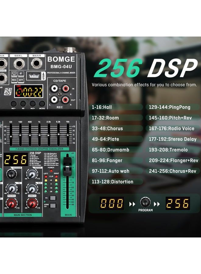 BOMGE Professional DJ audio mixer, 4-8channel DJ mixer, Bluetooth sound mixer, supports USB/MP3/BT computer input,256DSP,48V phantom power suitable for DJ studio streaming recording (4-channels-04U) - Image 2