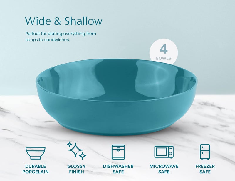 KooK Pasta Bowl, Salad Bowls, Soup, Serving Bowls, Ceramic, Large Capacity, Microwave & Dishwasher Safe, Set of 4, 40 Oz,(Ocean Blue) - Image 4