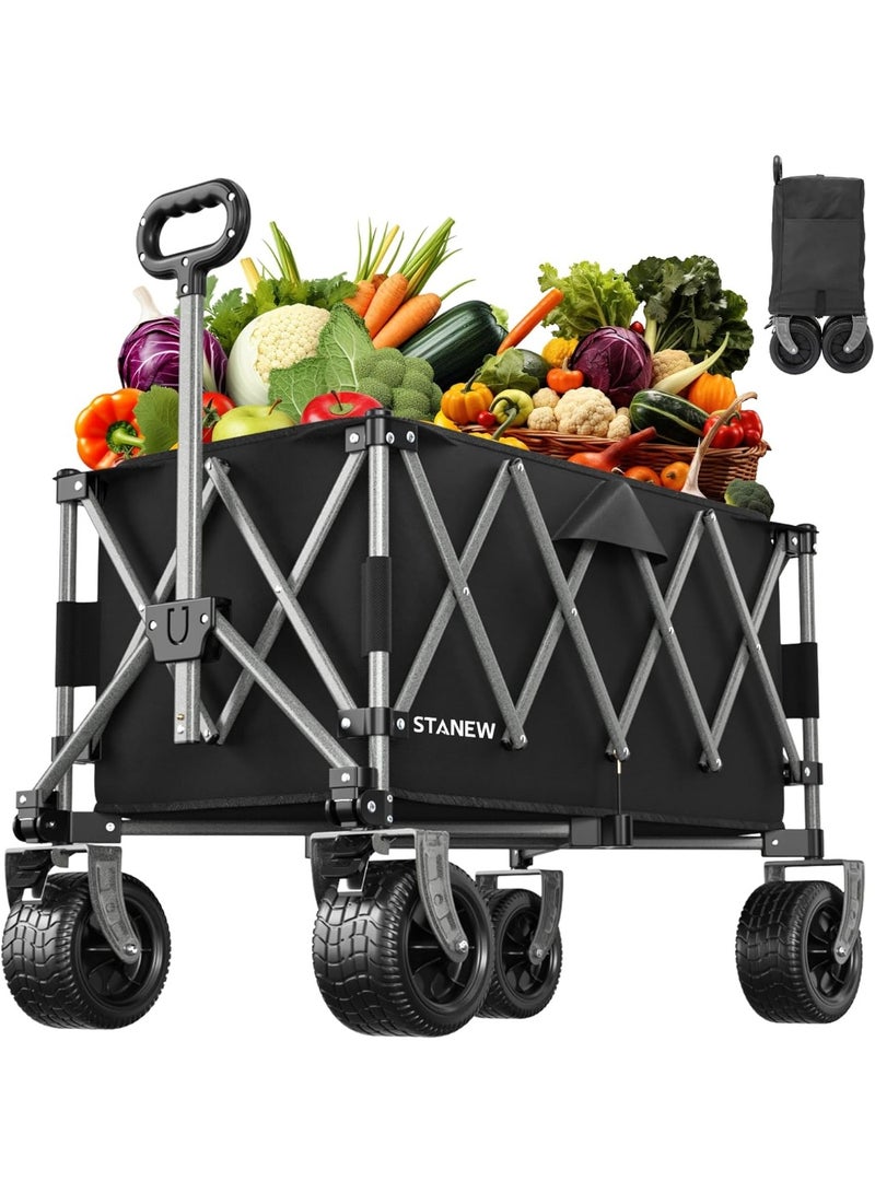 Stanew Collapsible Utility Wagon Trolley, Heavy Duty Foldable Garden Cart/Beach Cart with 330lbs Weight Capacity, Outdoor Grocery Wagon with Adjustable Handle and Brakes for Desert Picnic Cart -（190L） - Image 1