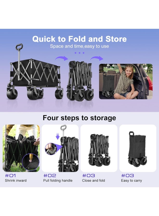 Stanew Collapsible Utility Wagon Trolley, Heavy Duty Foldable Garden Cart/Beach Cart with 330lbs Weight Capacity, Outdoor Grocery Wagon with Adjustable Handle and Brakes for Desert Picnic Cart -（190L） - Image 5