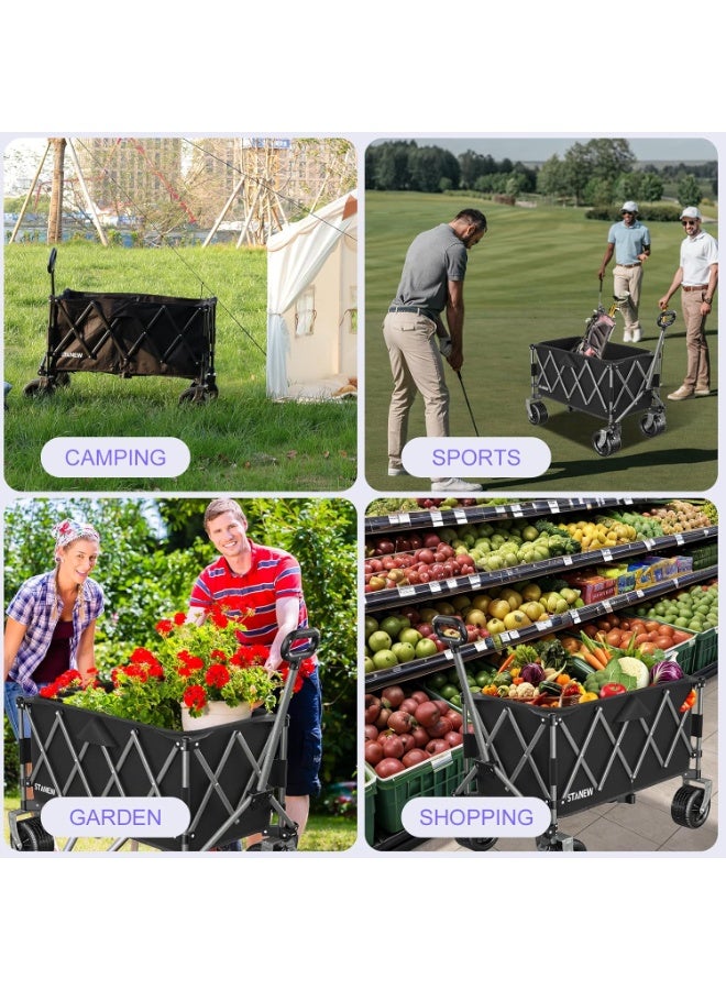 Stanew Collapsible Utility Wagon Trolley, Heavy Duty Foldable Garden Cart/Beach Cart with 330lbs Weight Capacity, Outdoor Grocery Wagon with Adjustable Handle and Brakes for Desert Picnic Cart -（190L） - Image 3