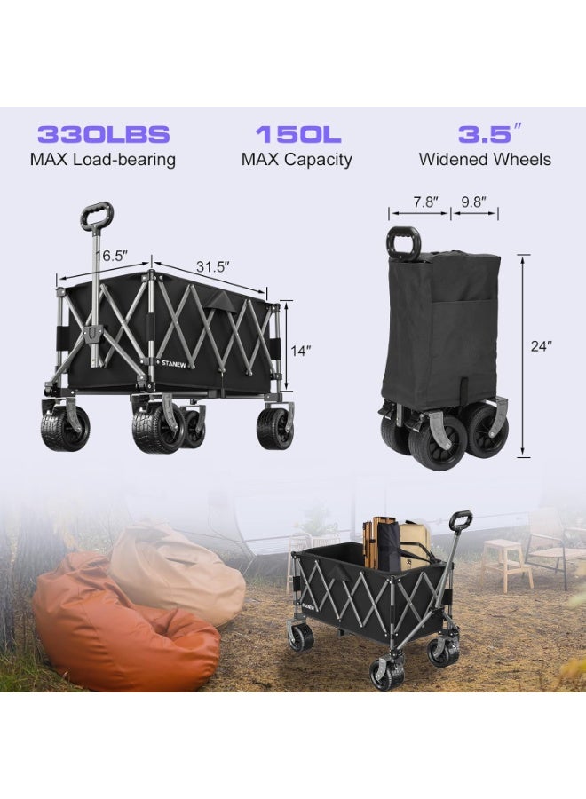 Stanew Collapsible Utility Wagon Trolley, Heavy Duty Foldable Garden Cart/Beach Cart with 330lbs Weight Capacity, Outdoor Grocery Wagon with Adjustable Handle and Brakes for Desert Picnic Cart -（190L） - Image 2