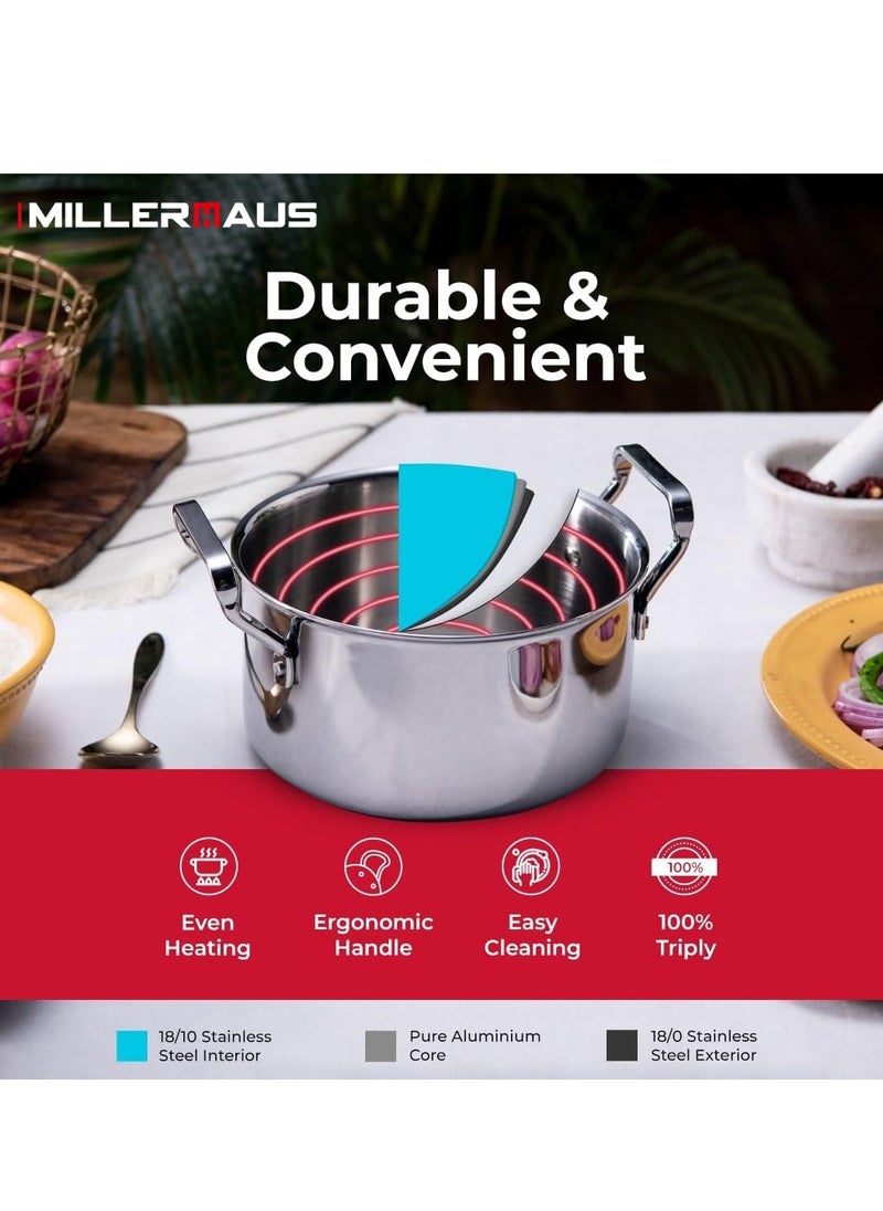 MILLERHAUS Millerhaus 28 Cm Triply Casserole With S/S Lid, Non-Reactive Cooking Surface Safe Cooking Pot | Stainless steel body with Cover  - Image 3