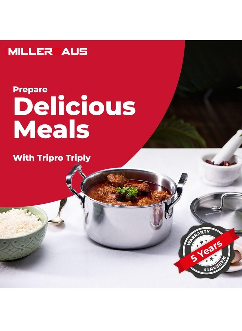 MILLERHAUS Millerhaus 28 Cm Triply Casserole With S/S Lid, Non-Reactive Cooking Surface Safe Cooking Pot | Stainless steel body with Cover  - Image 5
