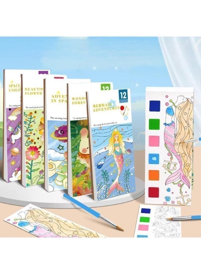 Watercolor Painting Books Set (with 5 Themes, 60 pages) , With Water Paints & Brush, Pocket Mess Free, Travel Paint | Watercolor Drawing, Coloring Book, Painting Kit for 3-7 years Boys&Girls, Preschool Educational Art Craft Gift - Image 5