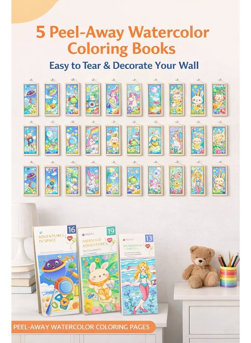 5PCS Watercolor Painting Busy Books Set (5 Themes, 60 Pages), Mess-Free Water Paint Quiet Books with Brush, Pocket Travel Painting & Coloring Kit, Creates Kids Wall Art & Room Decor, for Kids 3-7 Preschool Art Craft Gift - Image 1
