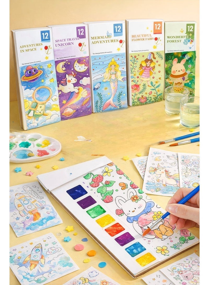 5PCS Watercolor Painting Busy Books Set (5 Themes, 60 Pages), Mess-Free Water Paint Quiet Books with Brush, Pocket Travel Painting & Coloring Kit, Creates Kids Wall Art & Room Decor, for Kids 3-7 Preschool Art Craft Gift - Image 2