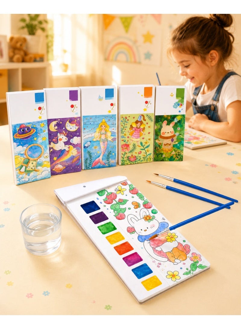 مجموعة من 5 كتب تلوين بالماء للأطفال، مجموعة رسم بالألوان المائية للصغار مع لوحات ألوان مدمجة و5 فرش رسم، أنشطة فنية وأشغال يدوية بدون فوضى ومناسبة للسفر، 60 صفحة، للأعمار من 3 إلى 7 سنوات - Image 1