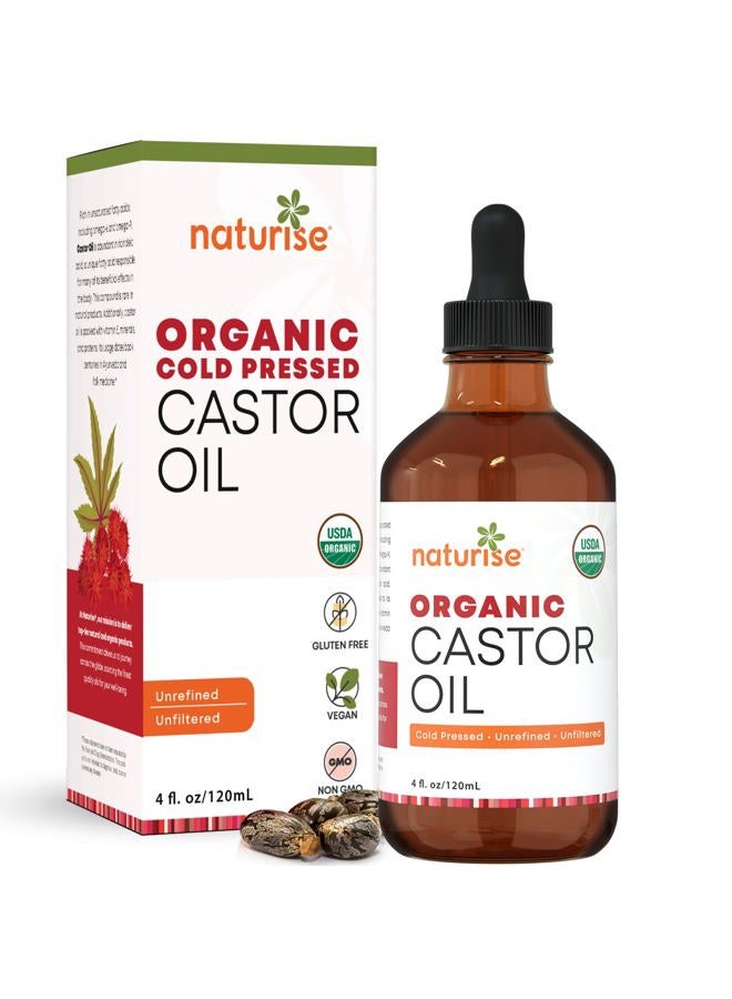 Naturise Organic Castor Oil - Organic Cold Pressed Unrefined in Glass Bottle - Vegan Non GMO Unfiltered Castor Oil Cold Pressed - Support for Eyelash, Eyebrows, Hair Growth, Skin and Face (4 fl. oz.) - Image 1