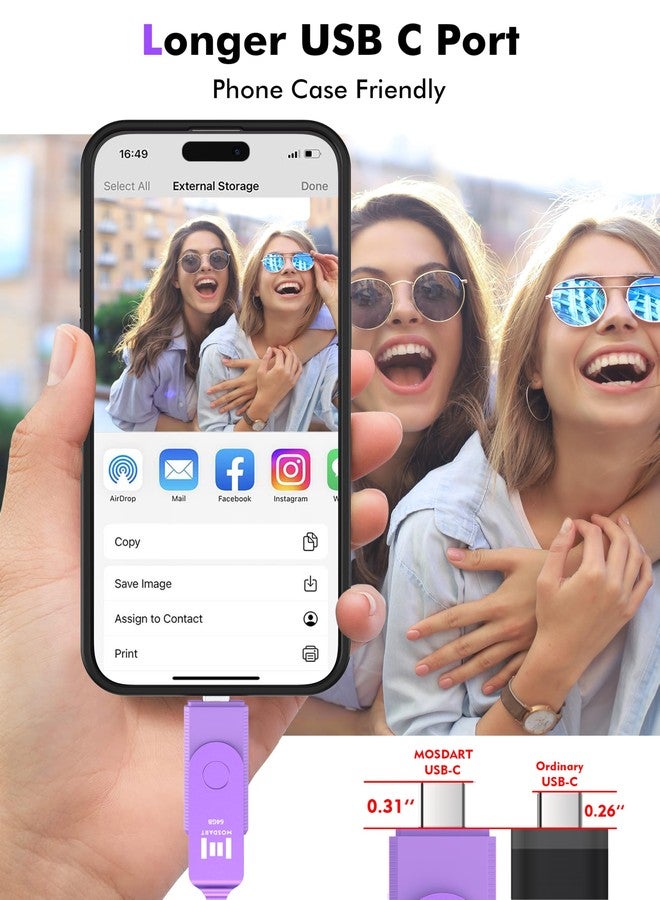MOSDART 64GB USB C 3.2 Fast Speed C and A Dual Flash Drive, exFAT Memory Stick with Keychain and LED Indicator, for iPhone 15,16,17, Android Phone, iPad, MacBook, and Other Laptops, Purple - Image 5