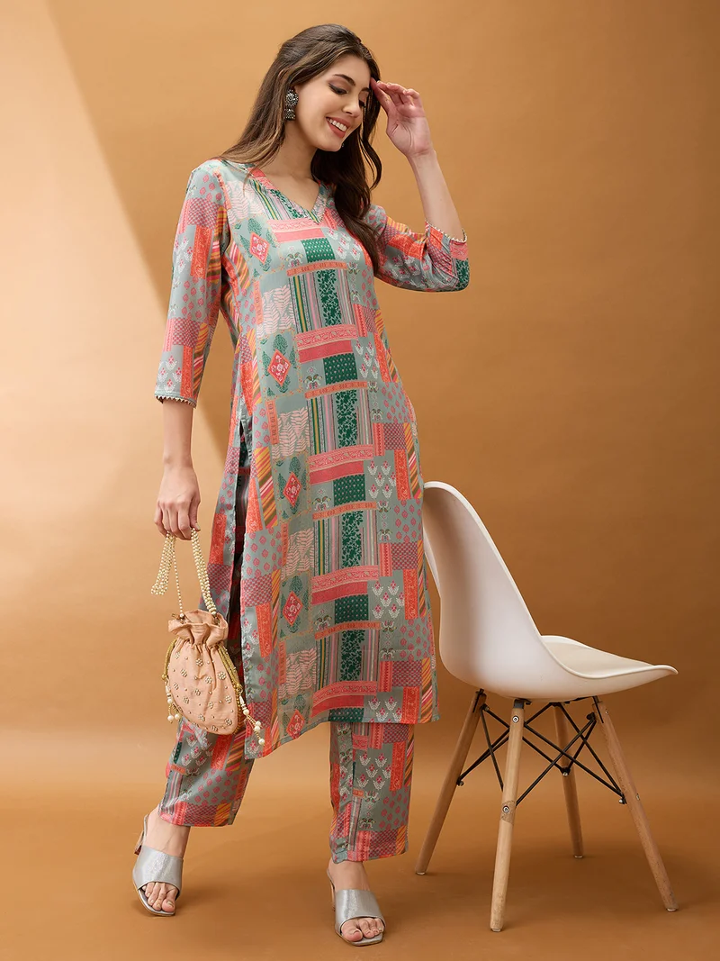 globus Women Multicolor Floral Printed V-Neck Gotta Lace Straight Kurta With Pant Set