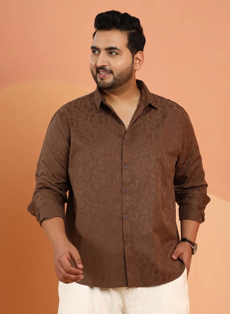 Instafab Plus Instafab Plus Men's Chocolate Brown Bloom-Jacquard Shirt For Casual Wear | Spread Collar | Long Cuffed Sleeves | Button Closure | Plus Size Shirt Crafted With Comfort Fit For Everyday Wear