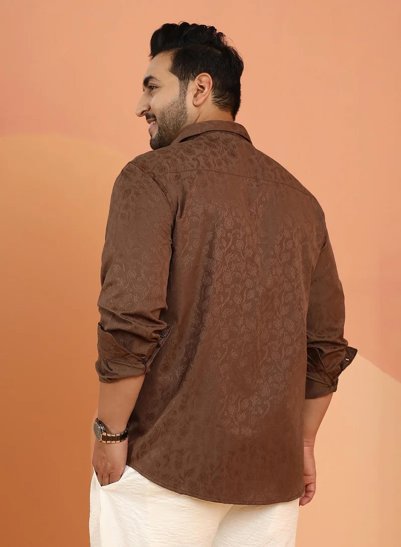 Instafab Plus  Instafab Plus Men's Chocolate Brown Bloom-Jacquard Shirt For Casual Wear | Spread Collar | Long Cuffed Sleeves | Button Closure | Plus Size Shirt Crafted With Comfort Fit For Everyday Wear for Men | Best Price UAE