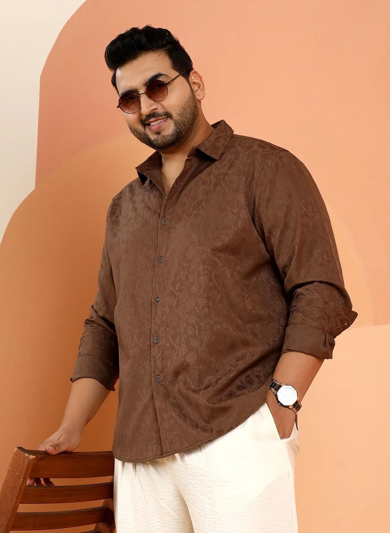 Instafab Plus Instafab Plus Men's Chocolate Brown Bloom-Jacquard Shirt For Casual Wear | Spread Collar | Long Cuffed Sleeves | Button Closure | Plus Size Shirt Crafted With Comfort Fit For Everyday Wear