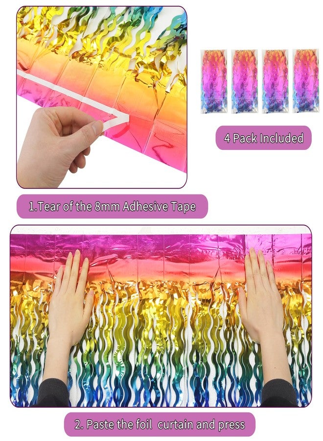 KEEUH 4 Pack Wavy Rainbow Foil Fringe Curtain | 3.3x6.6ft Colorful Tinsel Metallic Streamers Holiday Photo Booth Props Backdrop for Engagement Bridal Shower Unicorn Party Decorations - Image 4