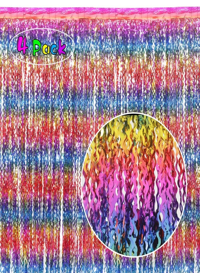 KEEUH 4 Pack Wavy Rainbow Foil Fringe Curtain | 3.3x6.6ft Colorful Tinsel Metallic Streamers Holiday Photo Booth Props Backdrop for Engagement Bridal Shower Unicorn Party Decorations - Image 2