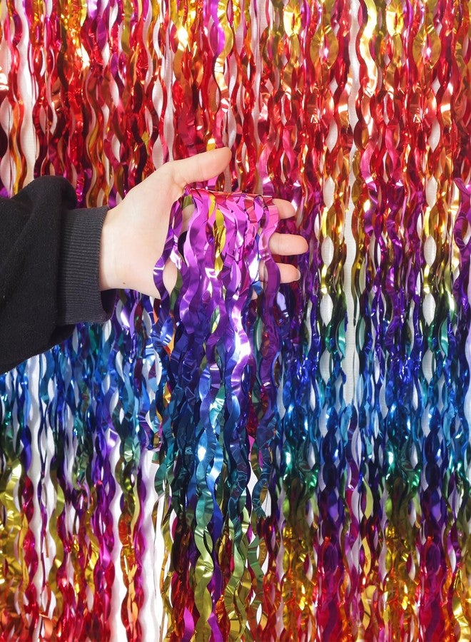 KEEUH 4 Pack Wavy Rainbow Foil Fringe Curtain | 3.3x6.6ft Colorful Tinsel Metallic Streamers Holiday Photo Booth Props Backdrop for Engagement Bridal Shower Unicorn Party Decorations - Image 1