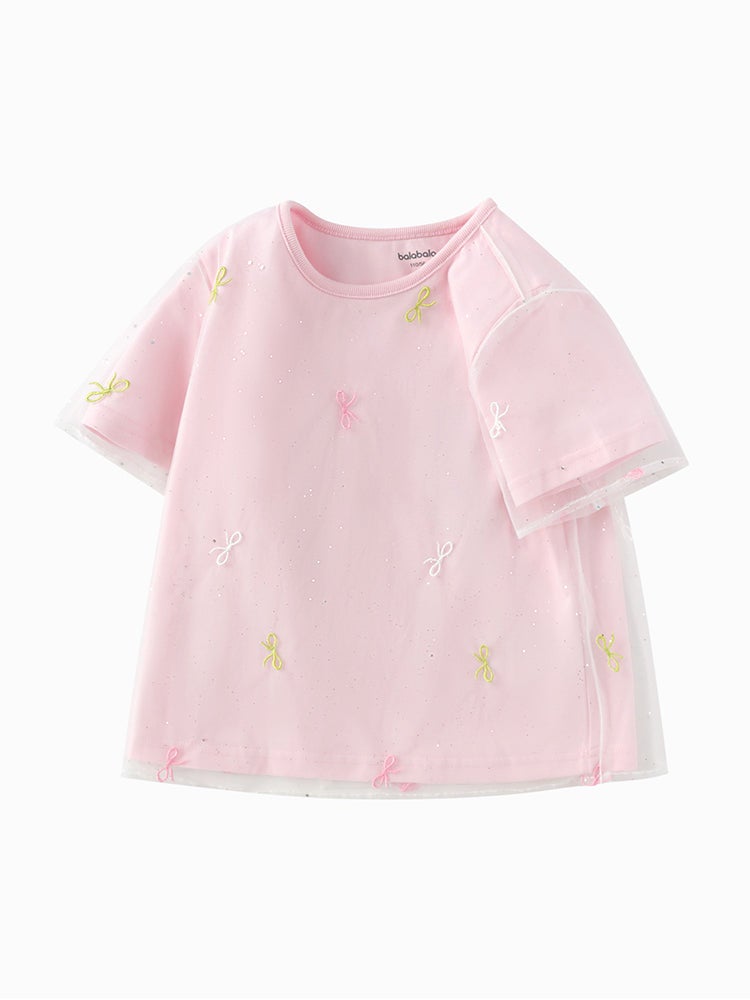 Balabala Girls' Printed Spots Tulle T-Shirt With Embroidery - Image 1