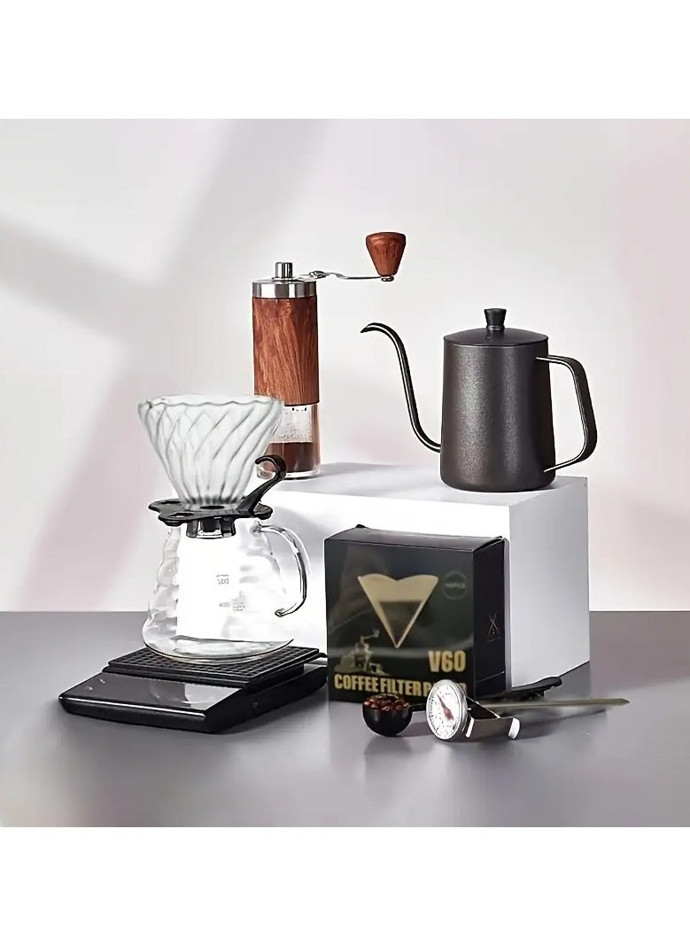 KADRAMA Portable V60 Coffee Tool Set, 8-Piece V60 Pour Over Coffee Set, Travel Drip Coffee Maker with Timing Scale/Bean Grinder/Coffee Pot/Coffee Filter/100 Piece Coffee Paper/Bean Spoon/Thermometer, Perfect Gift for Travelling & Camping  - Image 1