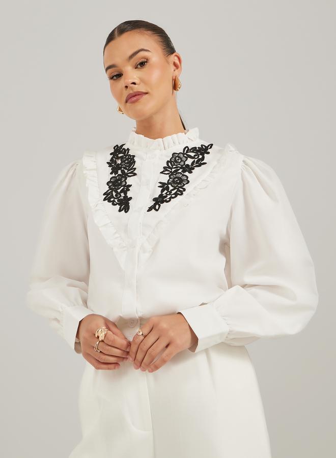 Take Two Floral Embroidered Balloon Sleeve Shirt With Ruffled Detail - Image 3