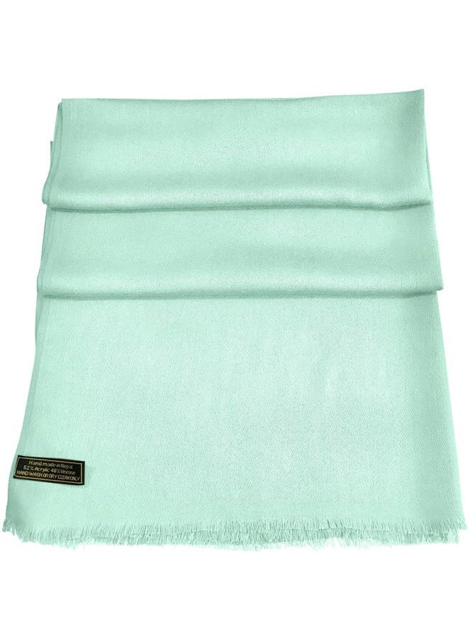 CJ Apparel - Baby Green Celeste Pale Cyan Sky Blue Solid Color Fringe Design Nepalese Shawl Seconds Scarf Wrap Stole Throw Head Wrap Pashmina Hand Made in Nepal NEW - Image 1