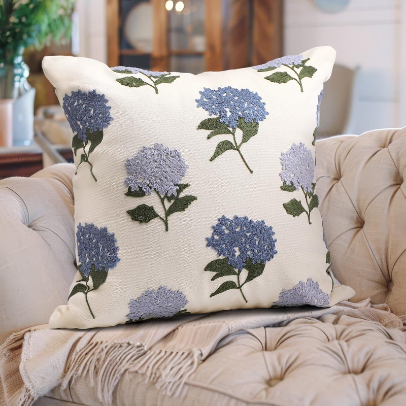 FuWeave 2 Pcs Spring Embroidered Pillow Covers Vintage Blue Hydrangea Decorative Throw Pillow Covers 18x18 Inch Boho Chinoiserie Cushion Cover Aesthetic Decor for Couch Sofa Housewarming Gifts - Image 3