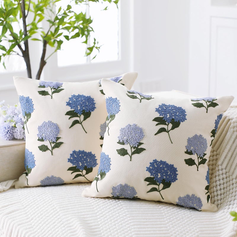 FuWeave 2 Pcs Spring Embroidered Pillow Covers Vintage Blue Hydrangea Decorative Throw Pillow Covers 18x18 Inch Boho Chinoiserie Cushion Cover Aesthetic Decor for Couch Sofa Housewarming Gifts - Image 1