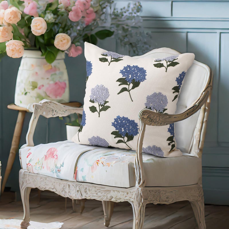 FuWeave 2 Pcs Spring Embroidered Pillow Covers Vintage Blue Hydrangea Decorative Throw Pillow Covers 18x18 Inch Boho Chinoiserie Cushion Cover Aesthetic Decor for Couch Sofa Housewarming Gifts - Image 4